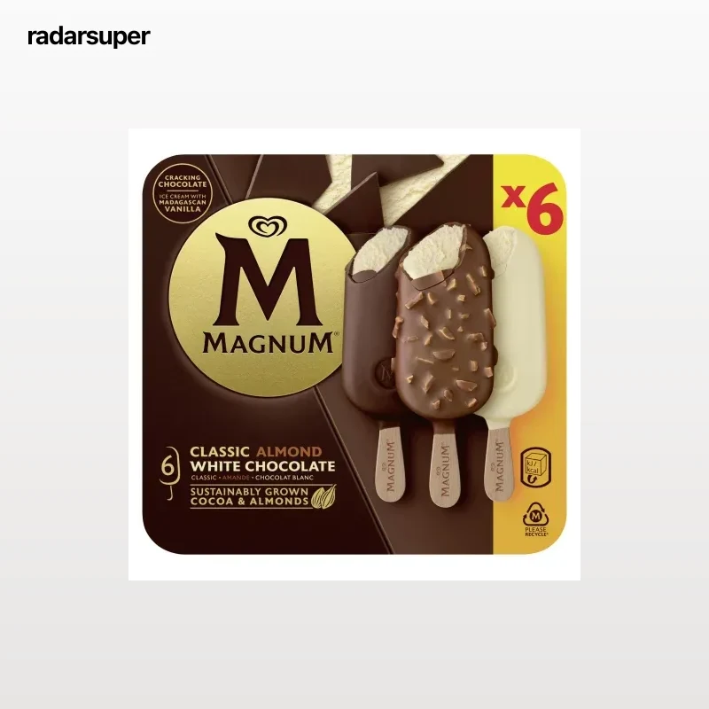 Bombón helado classico, blanco y almendras Magnun sin gluten 6 ud.