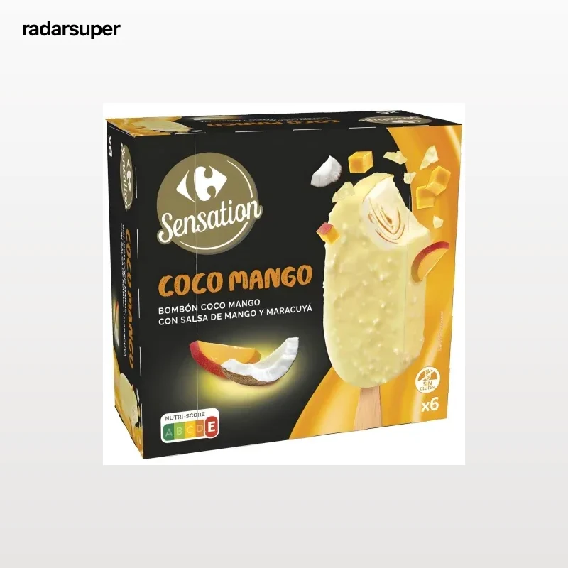 Bombón helado coco mango con salsa de mango y maracuyá Carrefour Sensation sin gluten 6 uds.