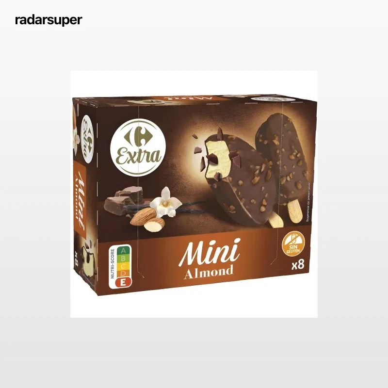 Bombón helado sabor a vainilla con cobertura de chocolate con leche con trocitos de almendra Carrefour Extra sin gluten 8 uds.