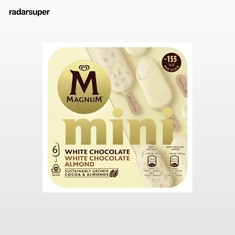 Bombón mini helado de vainilla recubierto con chocolate blanco Almond Magnum sin gluten 6 ud.