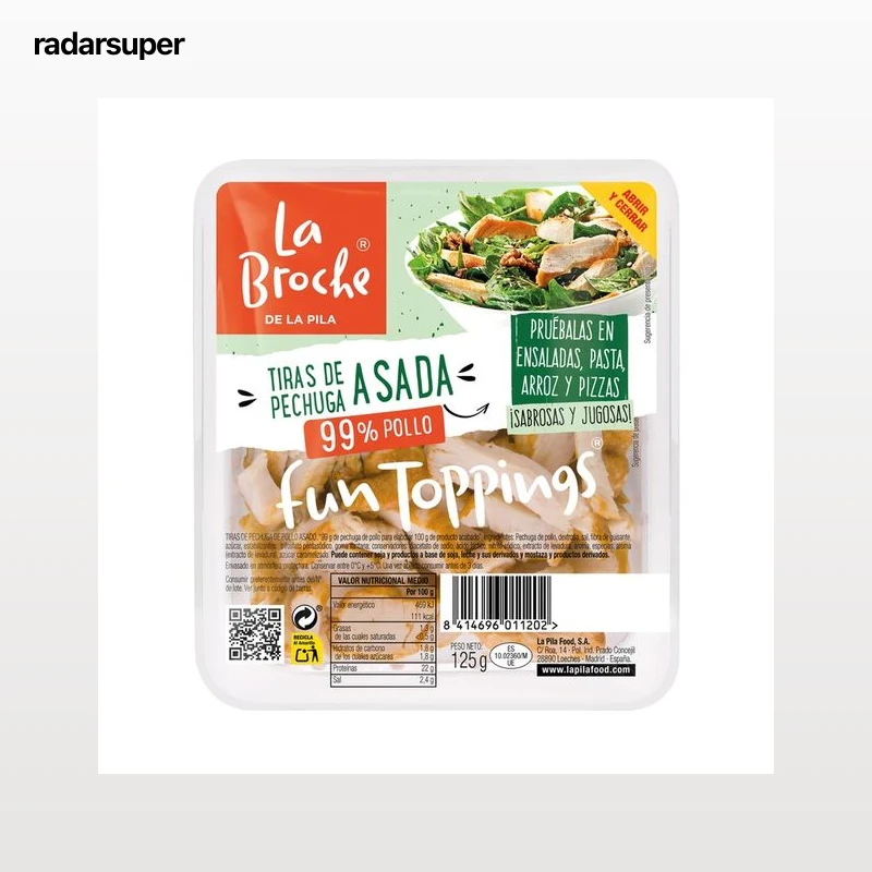 LA BROCHE Tiras de pechuga de pollo asado, ideales para ensaladas, arroces y pizzas LA BROCHE 125 g.