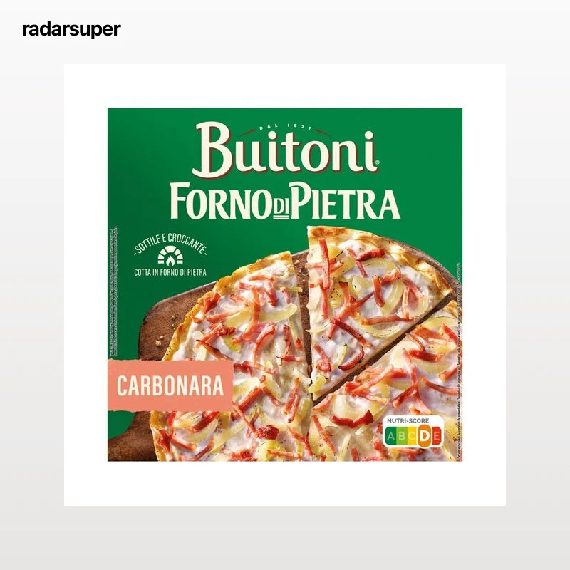 BUITONI Forno di piertra Pizza con bacon, cebolla y crema de leche (Salsa carbonara), con masa fina y crujiente 300 g.