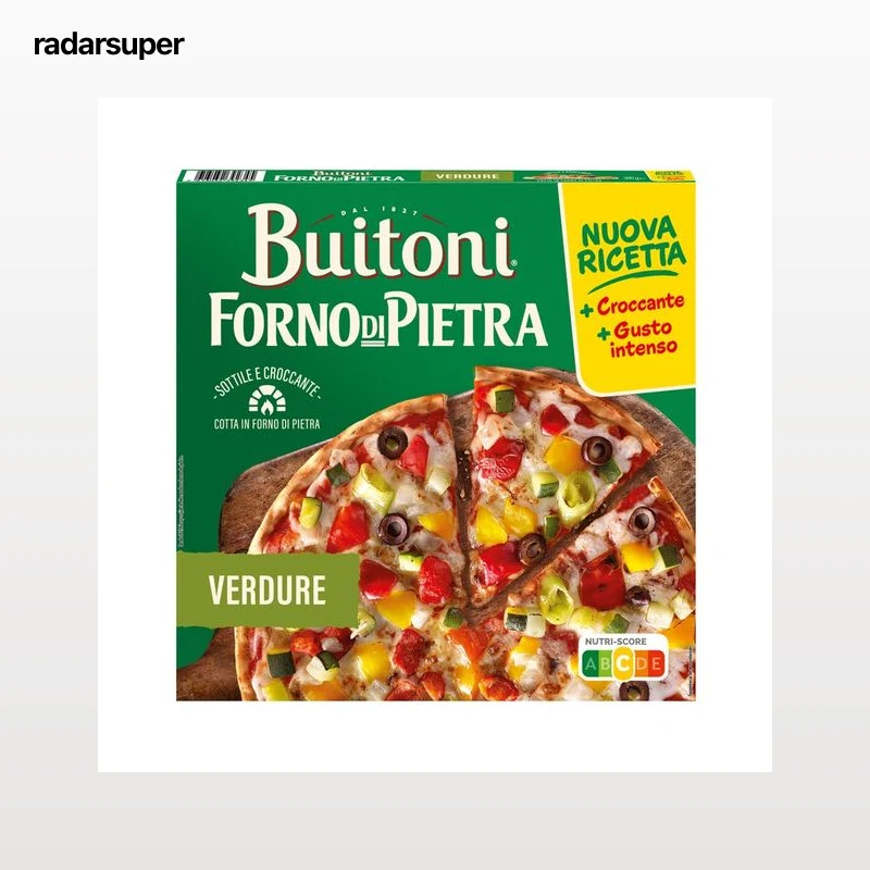 BUITONI Forno di piertra Pizza de pimientos, calabacín y cebolla asada, con masa fina y crujiente 380 g.