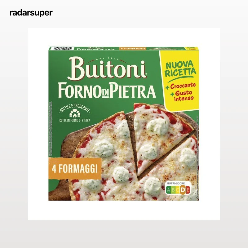BUITONI Forno di pietra Pizza 4 quesos (Emmental, Mozarella, curado y azul), con masa fina y crujiente 350 g.