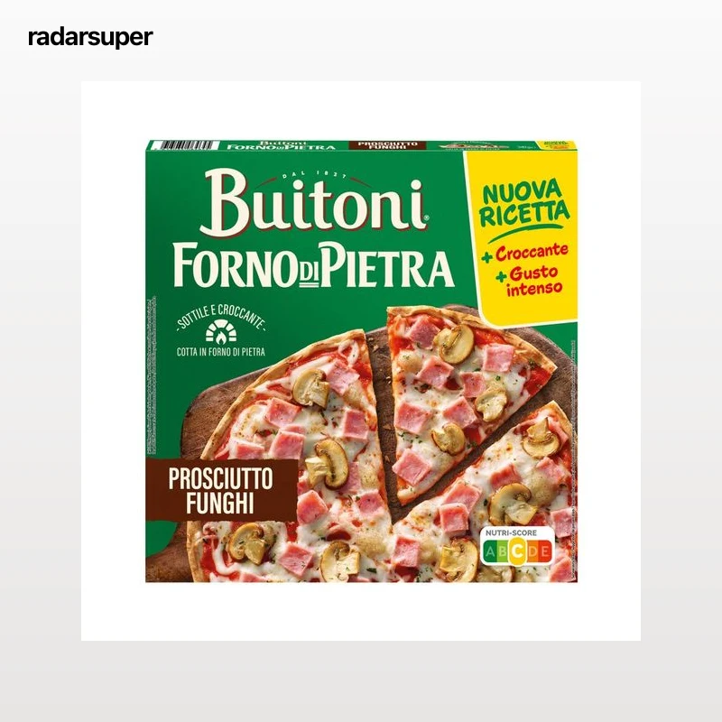 BUITONI Forno di pietra Pizza congelada jamón y champiñones, con masa fina y crujiente 340 g.