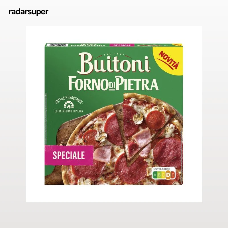 BUITONI Forno di pietra Pizza especiale con salami, jamón cocido, pepperoni, champiñones y mozarella 350 g.