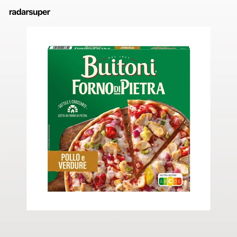 BUITONI Forno de pietra Pizza de pollo, vegetales y queso Mozzarella, con masa fina y crujiente 350 g.