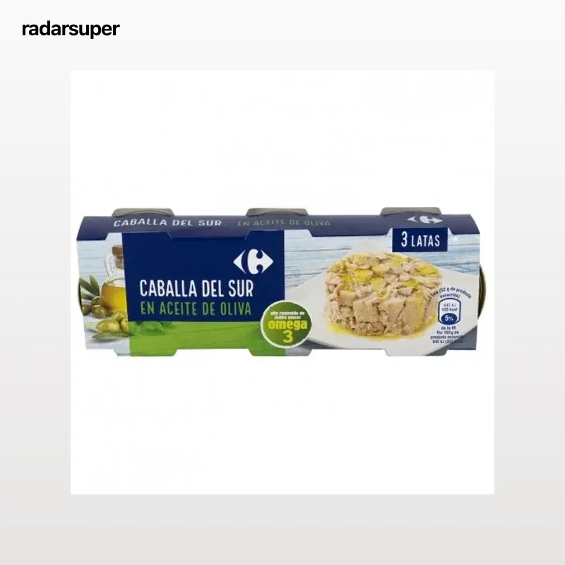 Caballa del sur en aceite de oliva Carrefour pack de 3 latas de 52 g.