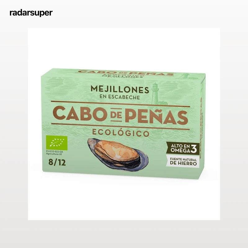 CABO DE PEÑAS Mejillones (8/12) ecológicos en escabeche con aceite de oliva lata 69 g.