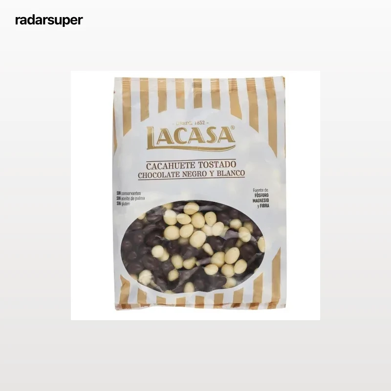 Cacahuete cubierto de chocolate blanco y negro Lacasa sin gluten y sin aceite de palma 450 g.