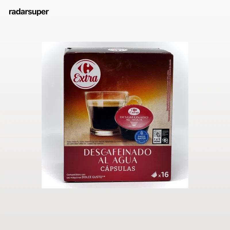 Café cápsulas descafeinado al agua Carrefour Extra compatible con Dolce Gusto 16 unidades de 7 g.