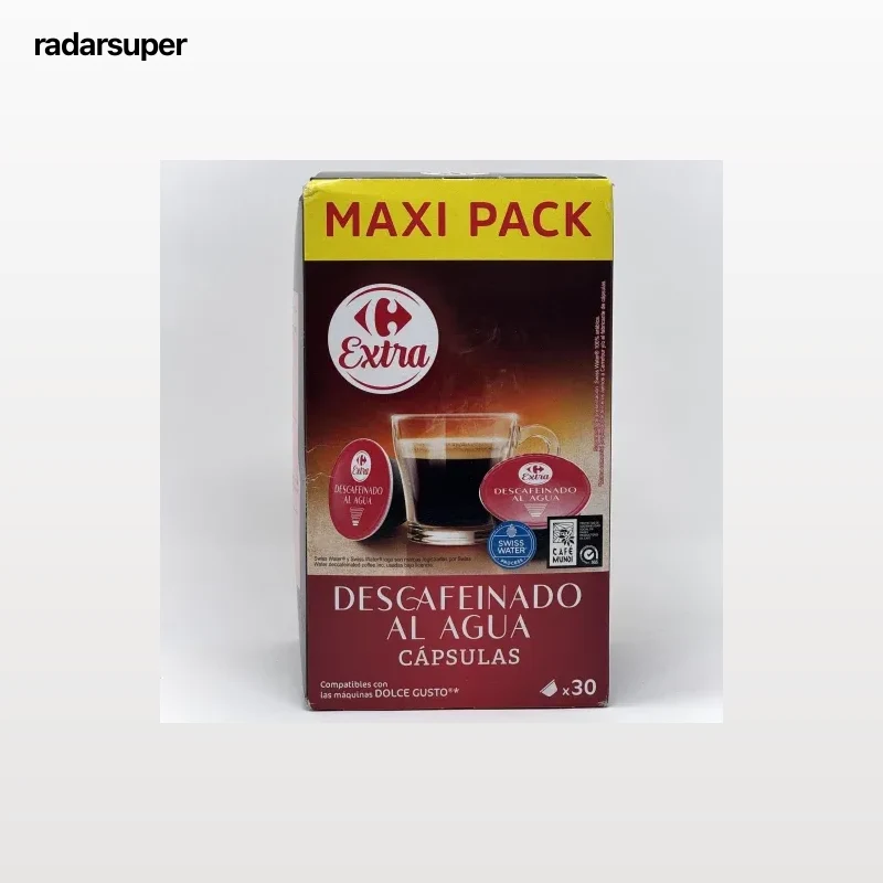 Café cápsulas descafeinado al agua Carrefour Extra compatible con Dolce Gusto 30 unidades de 7 g.