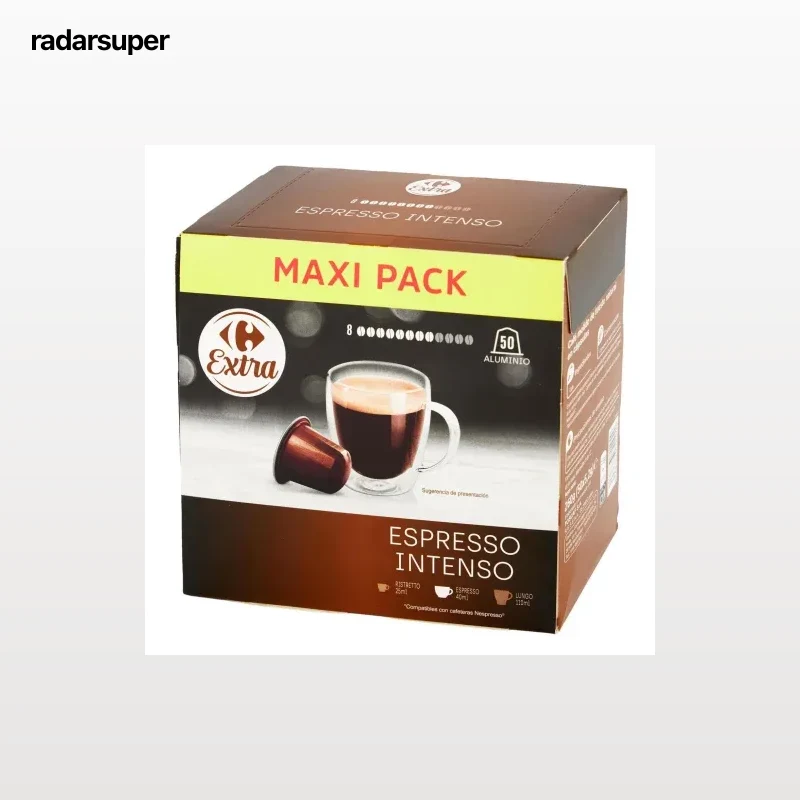 Café cápsulas intenso Carrefour Extra compatible con Nespresso pack de 50 unidades de 5,2 g.