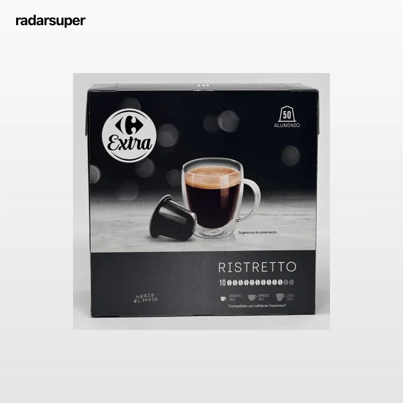 Café cápsulas ristretto Carrefour Extra compatible con Nespresso pack de 50 unidades de 5,2 g.