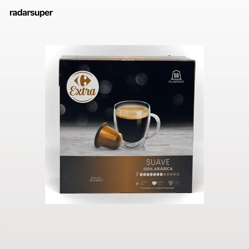 Café cápsulas suave Carrefour Extra compatible con Nespresso 50 unidades de 5,2 g.