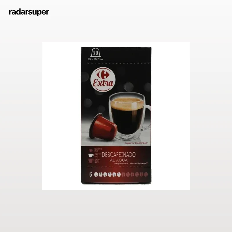 Café descafeinado en cápsulas Carrefour Extra compatible con Nespresso pack de 20 unidades de 5,2 g.