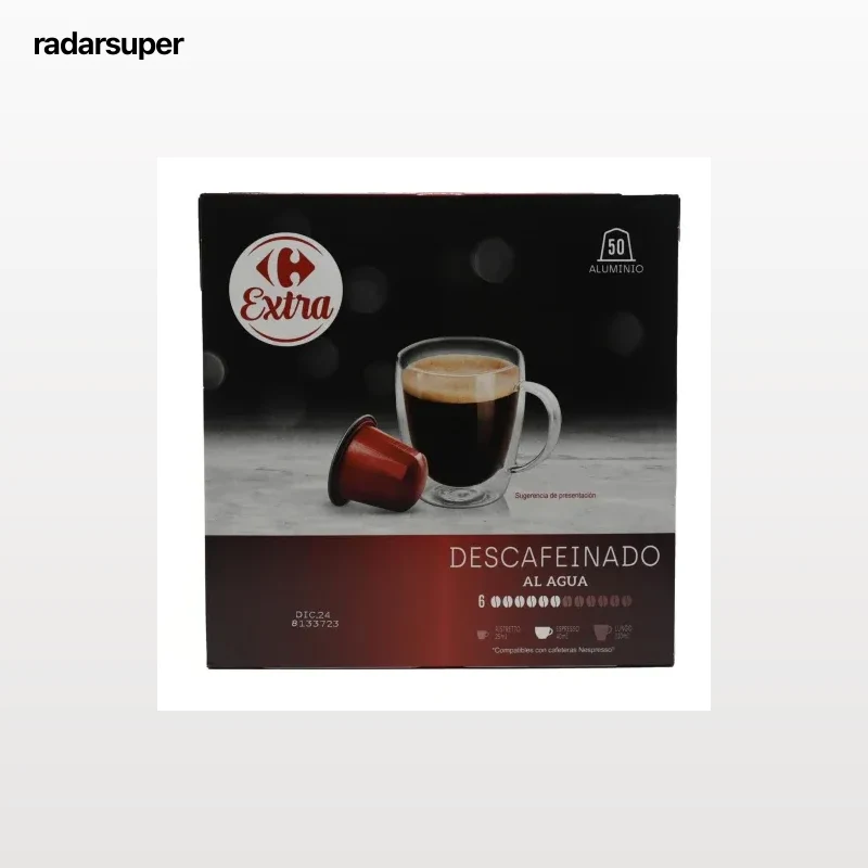 Café descafeinado en cápsulas Carrefour Extra compatible con Nespresso pack de 50 unidades de 5,2 g.