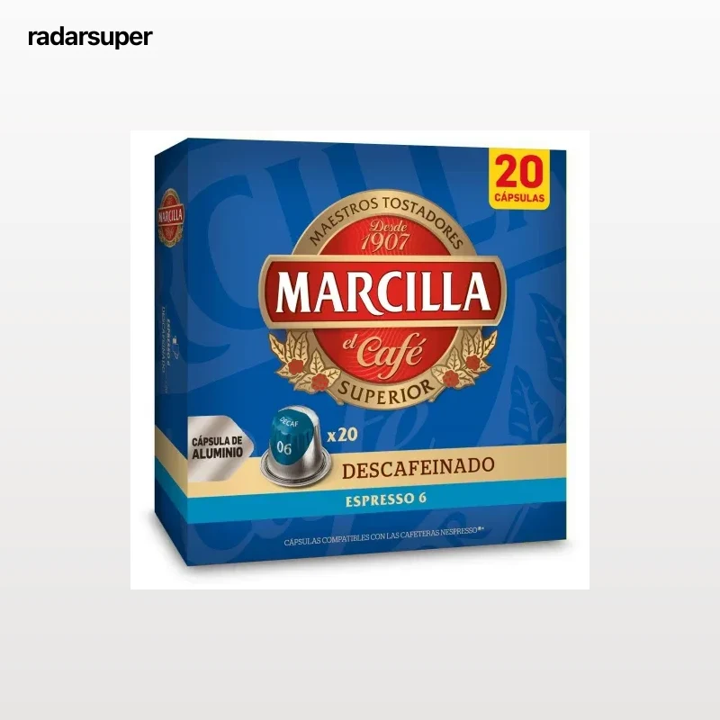 Café Descafeinado en cápsulas Marcilla compatible con Nespresso 20 unidades de 5,2 g.