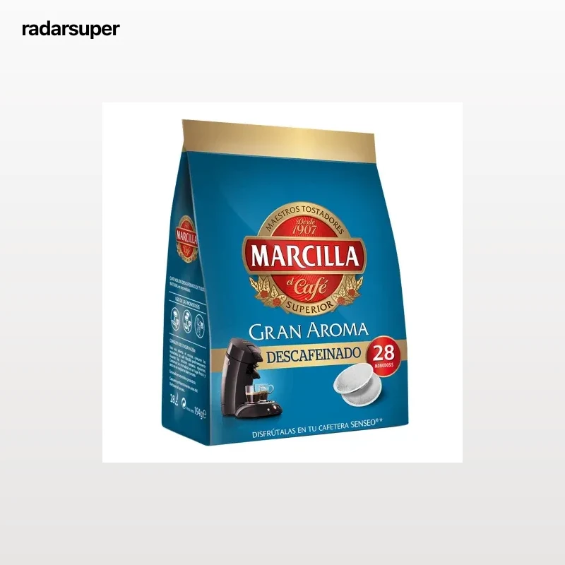 Café descafeinado monodosis Gran Aroma Marcilla compatible con Senseo 28 unidades de 7 g.
