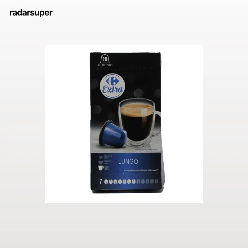 Café lungo en cápsulas Carrefour Extra compatible con Nespresso pack de 20 unidades de 5,2 g.