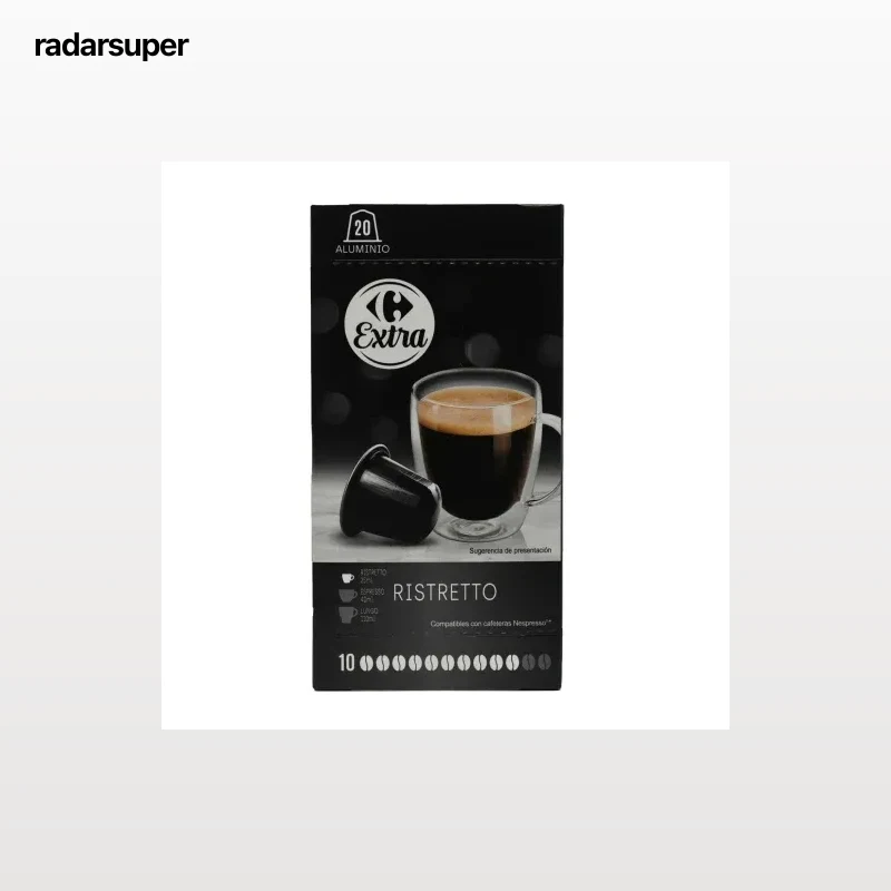 Café ristretto en cápsulas Carrefour Extra compatibles con Nespresso pack de 20 unidades de 5,2 g.