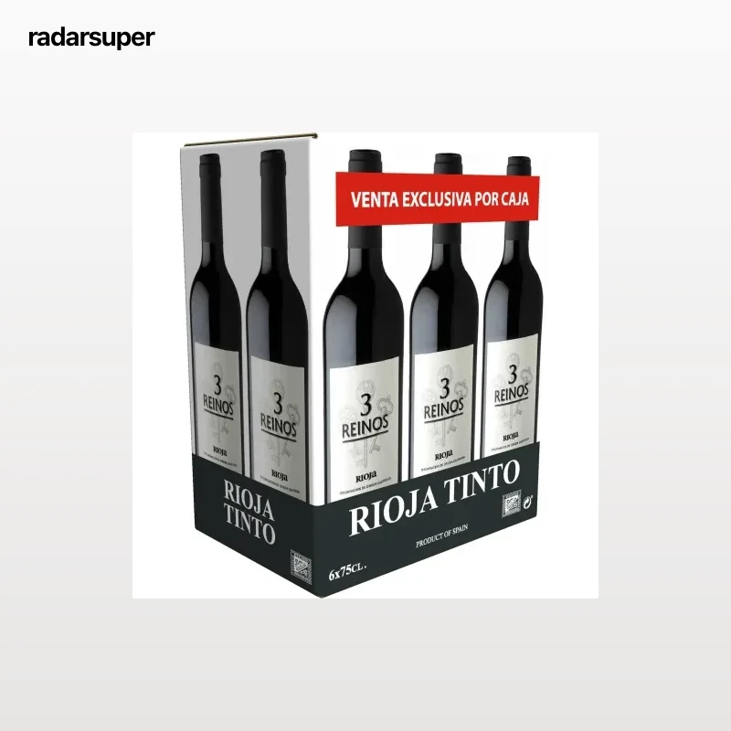 Caja de 6 botellas de vino tinto joven tempranillo Tres Reinos D.O.Ca. Rioja 75 cl.