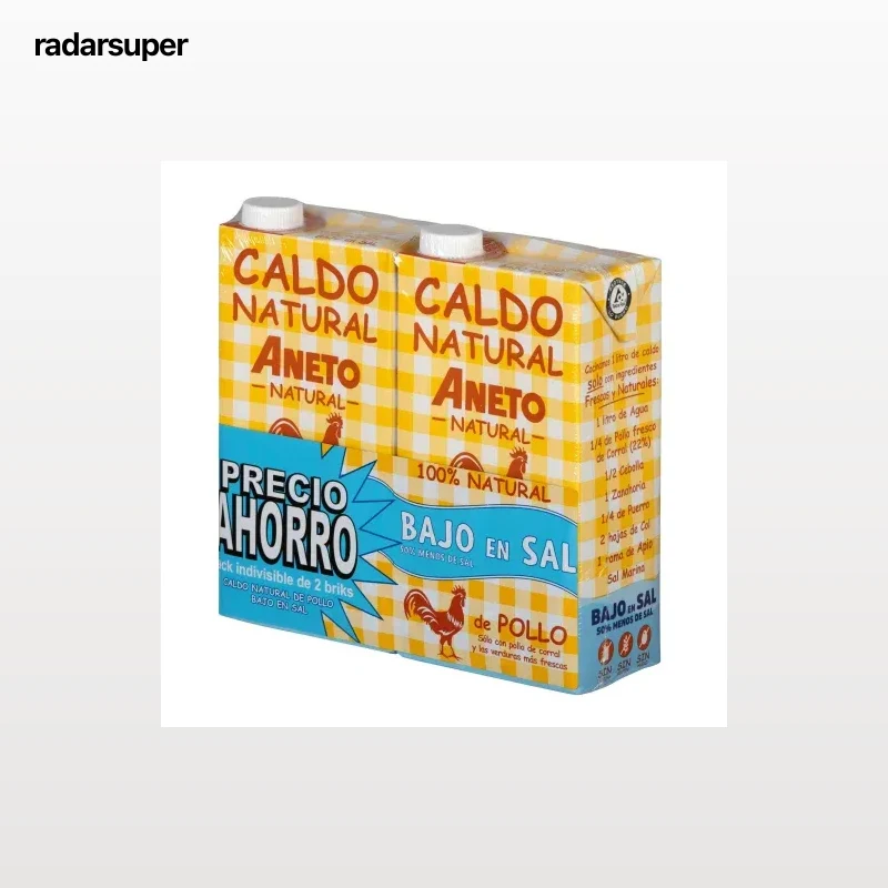 Caldo natural de pollo bajo en sal Aneto sin gluten y sin lactosa pack de 2 briks de 1 l.