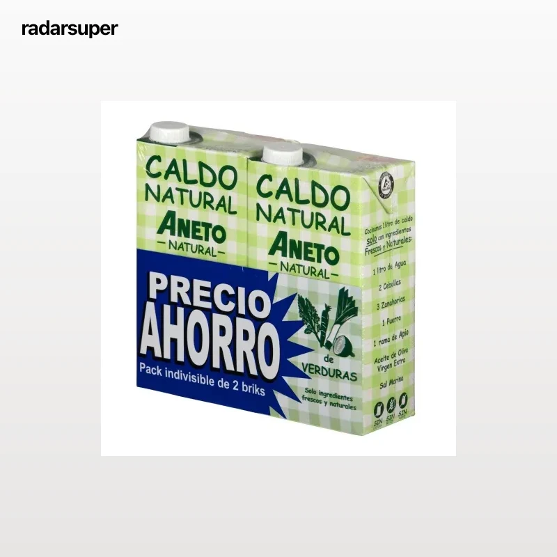Caldo natural de verduras Aneto sin gluten y sin lactosa pack de 2 briks de 1 l.