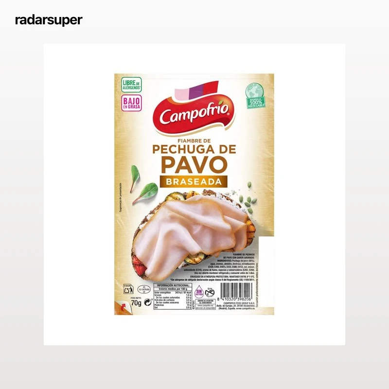 CAMPOFRÍO Fiambre de pechuga de pavo con sabor ahumado, cortada en lonchas 70 g.