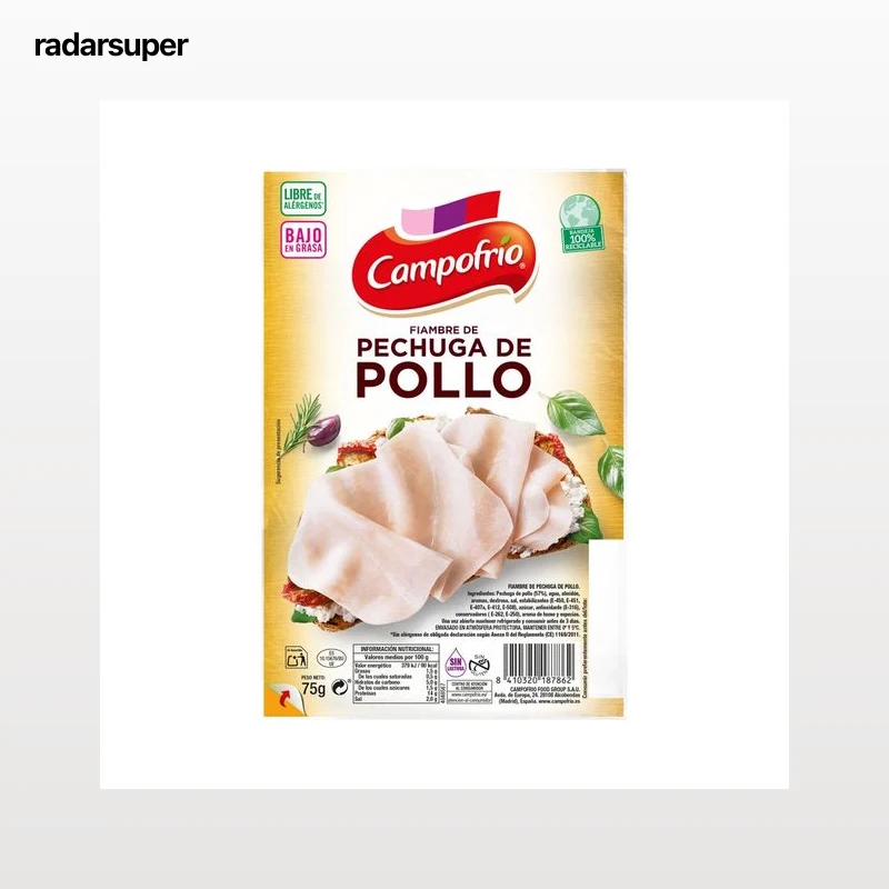 CAMPOFRÍO Fiambre de pechuga de pollo extra-jugosa, cortada en lonchas CAMPOFRÍO 75g.