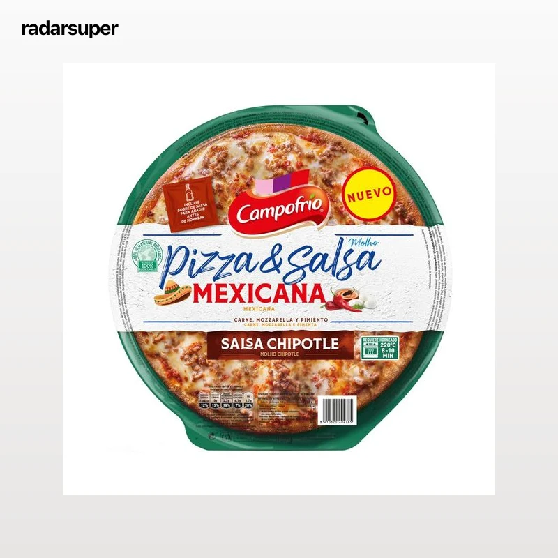 CAMPOFRÍO Pizza & salsa Pizza mexicana (carne, mozarella y pimiento), con salsa chipotle 400 g.