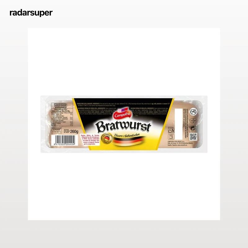 CAMPOFRÍO Salchichas cocidas Bratwurst tipo Aleman, elaboradas sin gluten 260 g.