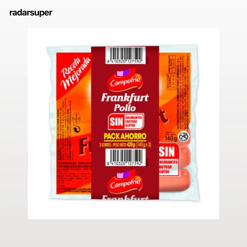 CAMPOFRÍO Salchichas cocidas de pollo sabor ahumado, tipo Frankfurt CAMPOFRÍO 3 x 140 g.