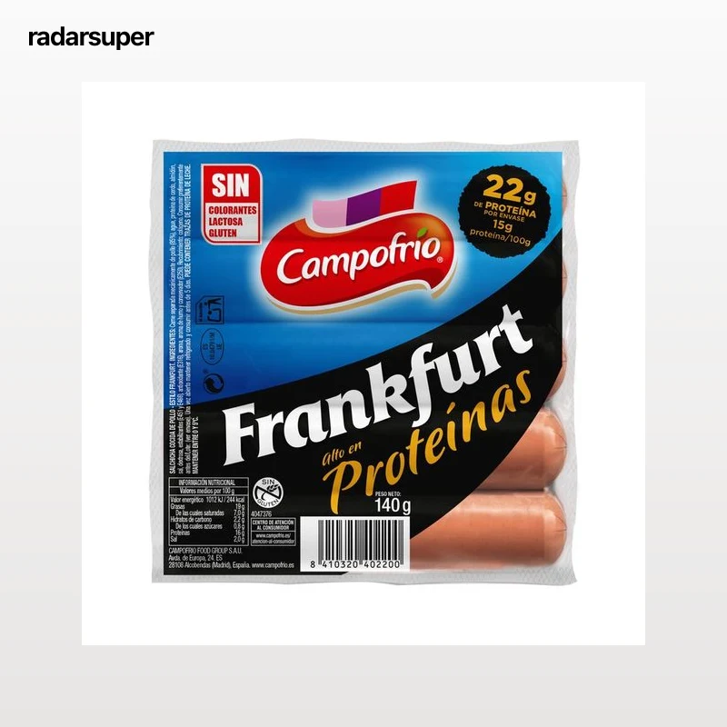 CAMPOFRÍO Salchichas cocidas de pollo tipo Frankfurt con alto contenido en proteínas 140 g.