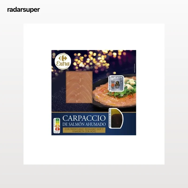 Carpaccio de salmón ahumado con Parmigiano Reggiano DOP y vinagreta con aceite de oliva virgen extra Carrefour Extra 124 g.