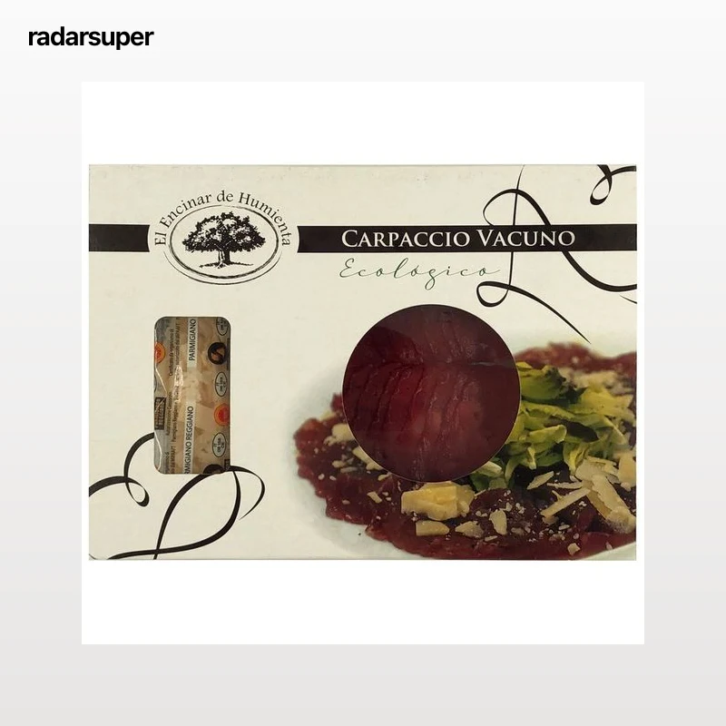 Carpaccio de vacuno ecológico, con lascas de queso Parmigiano Reggiano EL ENCINAR DE HUMIENTA 100 g.