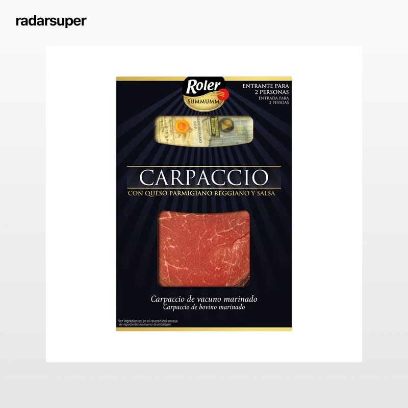Carpaccio de vacuno marinado, con queso parmigiano reggiano y salsa ROLER Summumm 80 g.