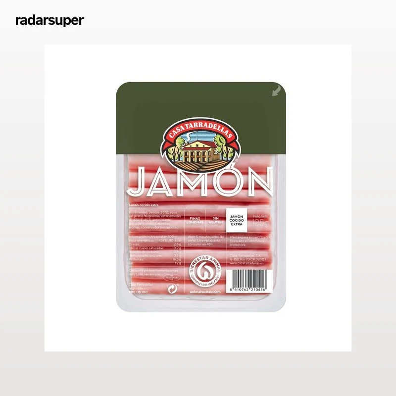 CASA TARRADELLAS Jamón cocido de categoria extra cortado en lonchas finas, elaborado sin gluten 125 g.