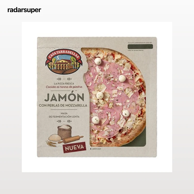 CASA TARRADELLAS Pizza fresca de jamón con perlas de Mozzarella, cocida al horno de piedra CASA TARRADELLAS 400 g.