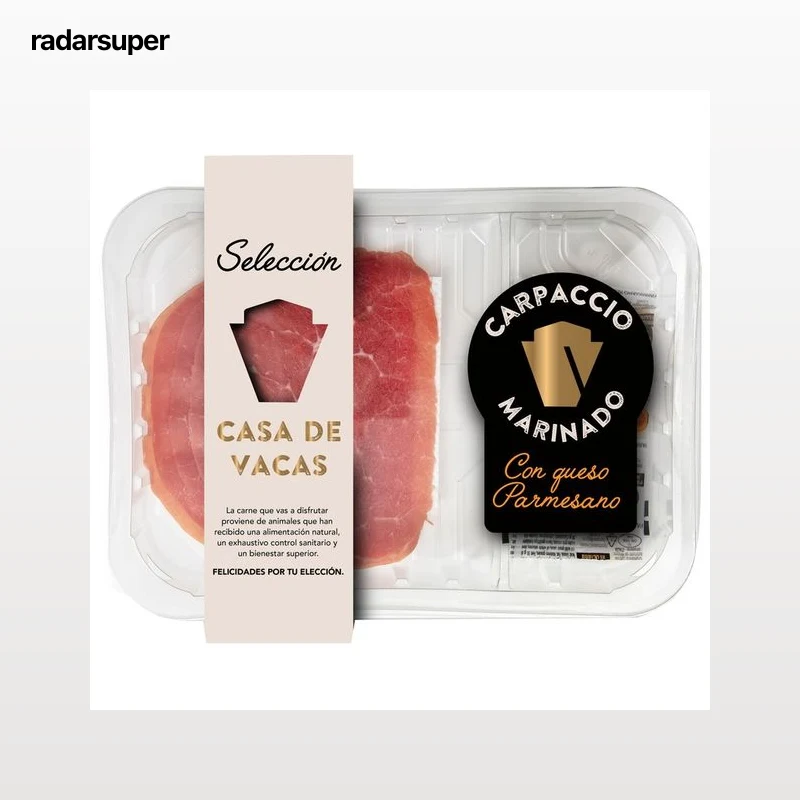 CASA DE VACAS Selección Carpaccio de vacuno marinado, con queso parmesano 125 g.