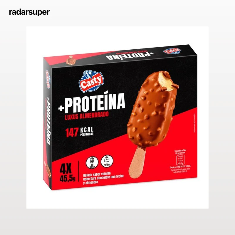 CASTY + Proteína Helado vainilla con alto contenido en proteínas, chocolate con leche y almendra 4 x 70 ml.