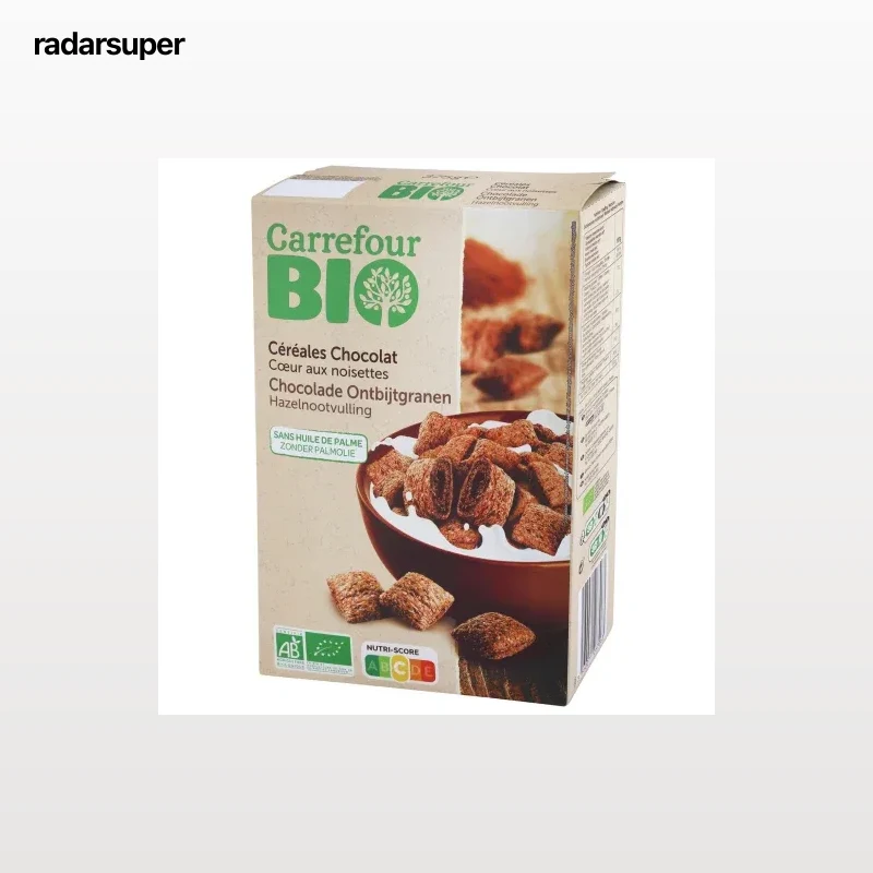Cereales con chocolate rellenos de avellanas y cacao magro ecológico Carrefour Bio 375 g.