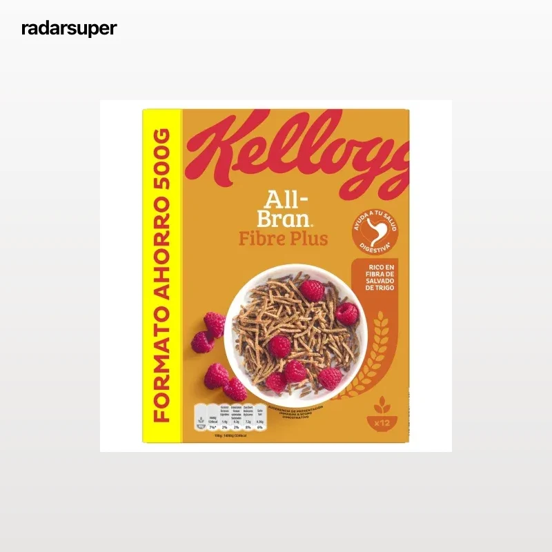 Cereales de salvado de trigo ricos en fibra con vitaminas y minerales All Bran Fibre Plus Kellogg's 500 g.