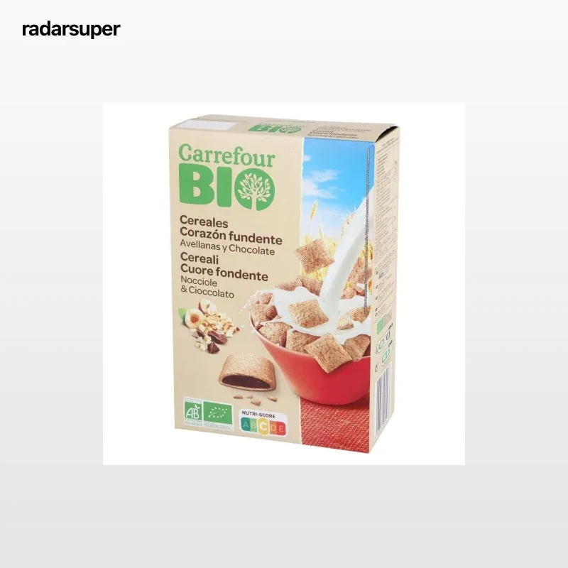 Cereales rellenos de avellanas y chocolate ecológico Carrefour Bio 375 g.
