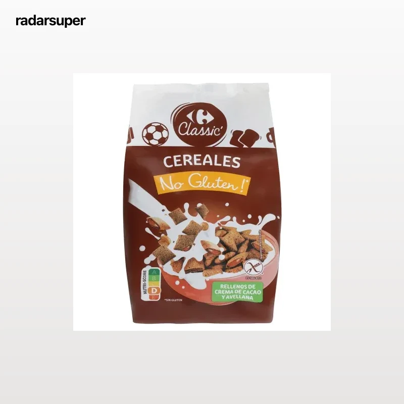 Cereales rellenos de cacao y avellanas Carrefour sin gluten 400 g.