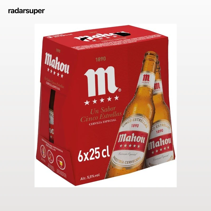 Cerveza rubia especial Mahou 5 Estrellas pack 6 botellas 25cl