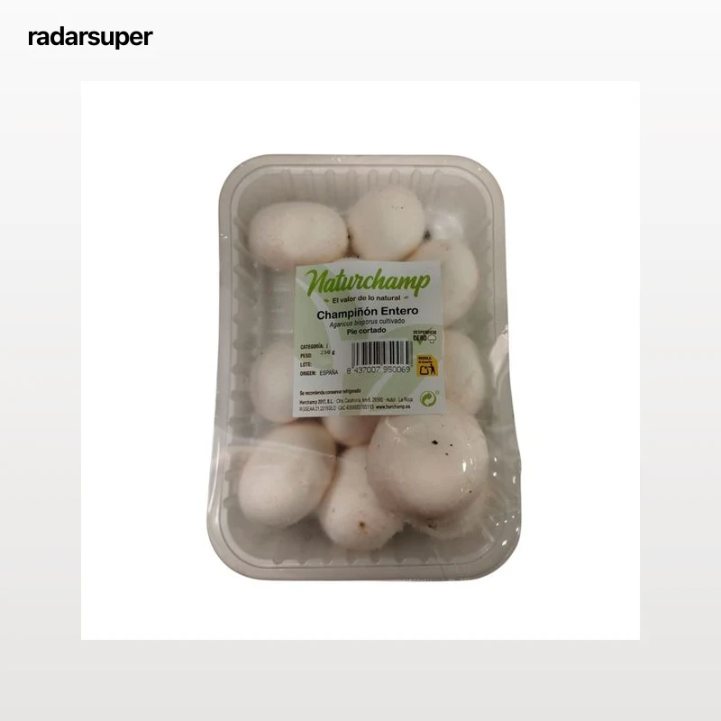 Champiñones con pie cortado barqueta de 250 g.