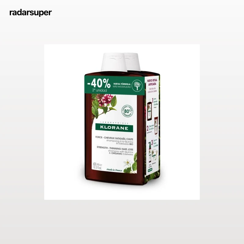 Champú anticaída quinina Klorane pack de 2 unidades de 400 ml.