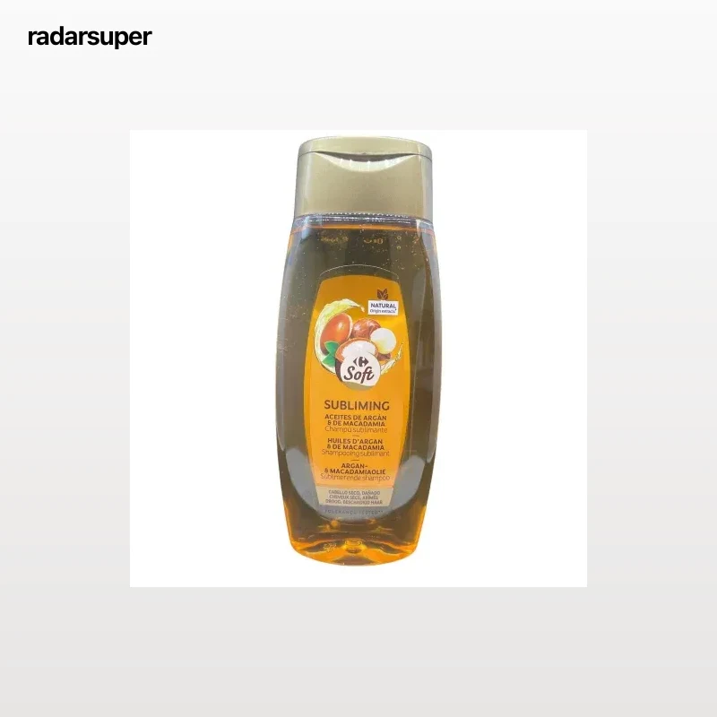 Champú con aceites de argán y macadamia para pelo seco dañado Carrefour Soft 400 ml.