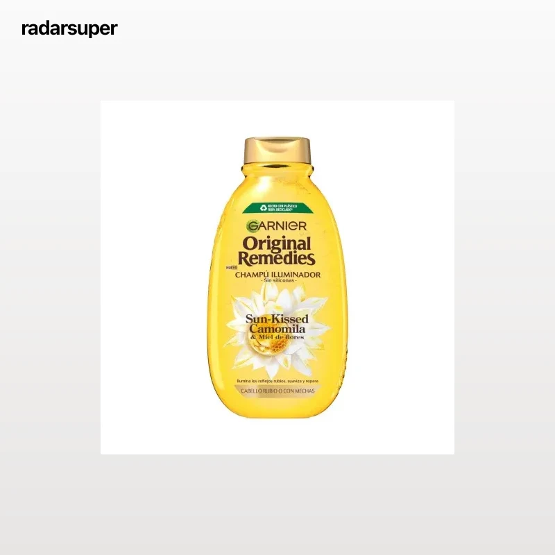 Champú Iluminador para pelo rubio o con mechas Sun-Kissed Camomila y Miel de Flores Garnier Original Remedies 400 ml.